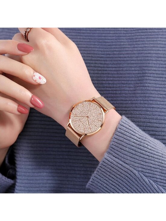 Women\'s Rose Gold Analog Stainless Steel Mesh Strap Minimalist Slim Dial Watch main image 5